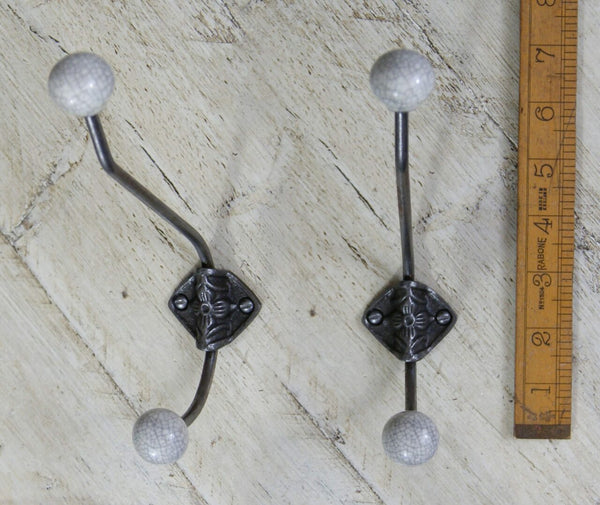 Hat Coat Hook Rosette Double Grey Crackle Glazed Ceramic