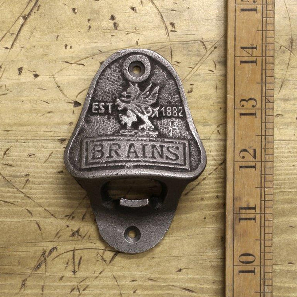 Bottle Opener Wall Mounted BRAINS BREWERY Cast Antique Iron