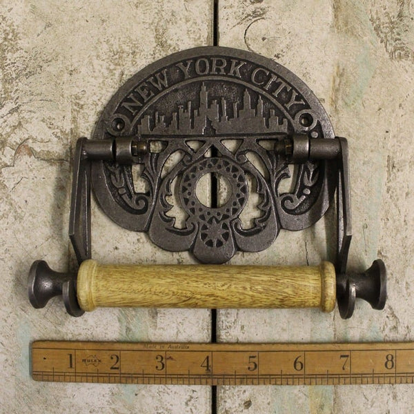 Toilet Roll Holder NEW YORK CITY Cast Antique Iron Wood 150mm