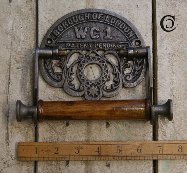 Toilet Roll Holder LONDON WC1 Cast Antique Iron Wood 150mm
