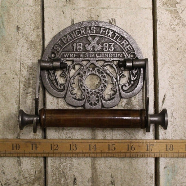 Toilet Roll Holder ST PANCRAS Fixture Cast Antique Iron Wood 150mm