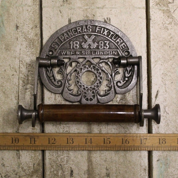 Toilet Roll Holder ST PANCRAS Fixture Cast Antique Iron Wood 150mm