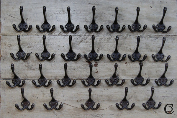 Hat Coat Hook Triple 'A - Z' Cast Antique Iron 90mm