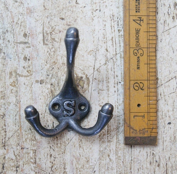 Hat Coat Hook Triple LARGE 'S' Cast Antique Iron 90mm