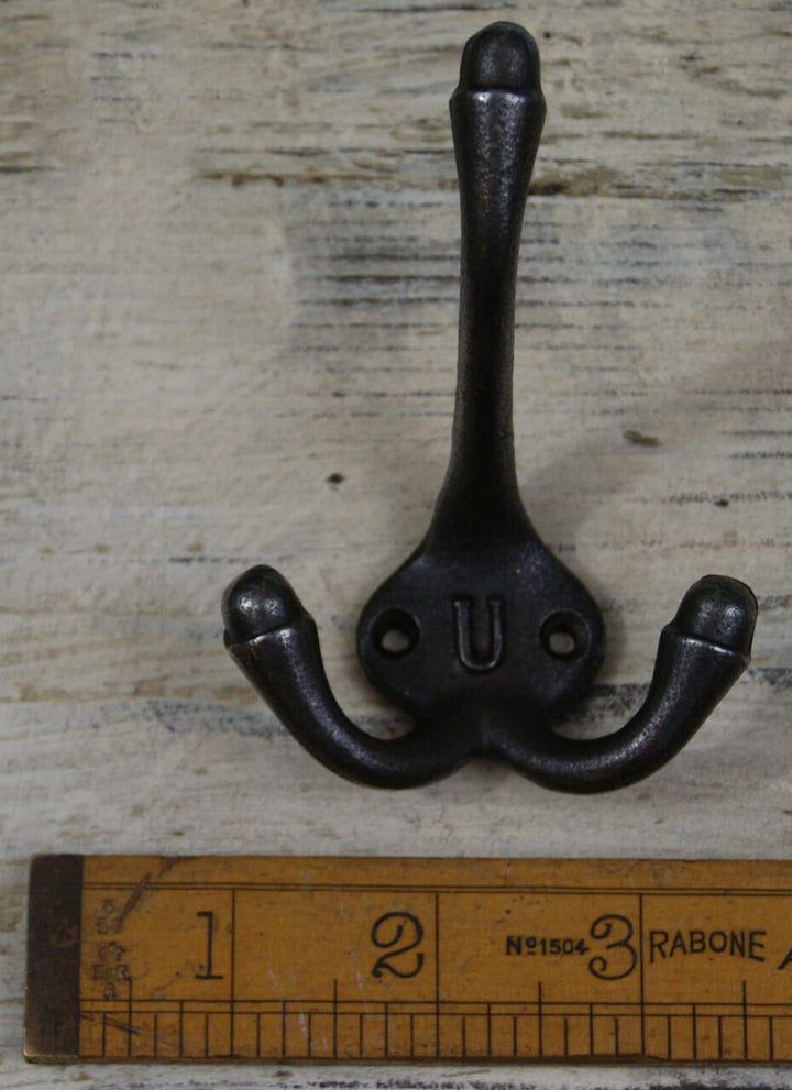 Hat Coat Hook Triple 'U' Cast Antique Iron 90mm