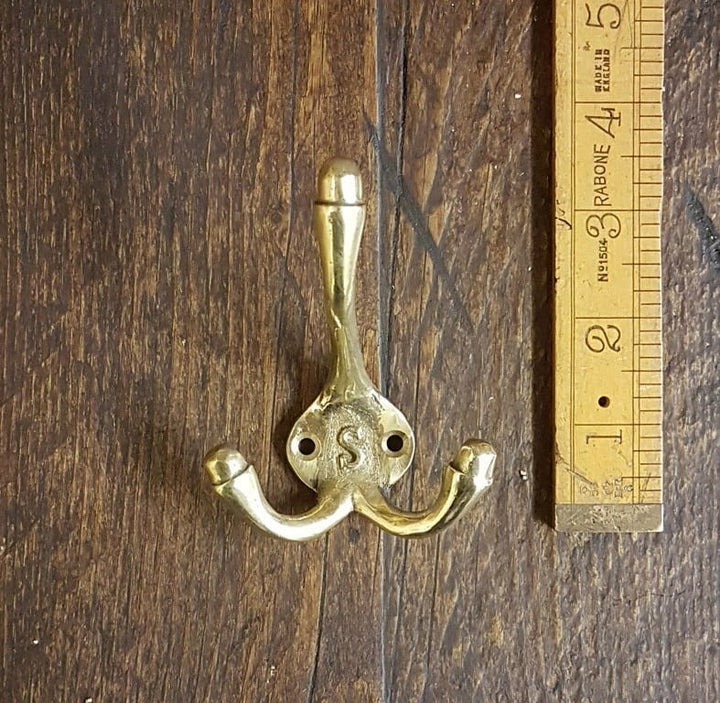 Hat Coat Hook Triple SMALL 'S' Cast BRASS 90mm