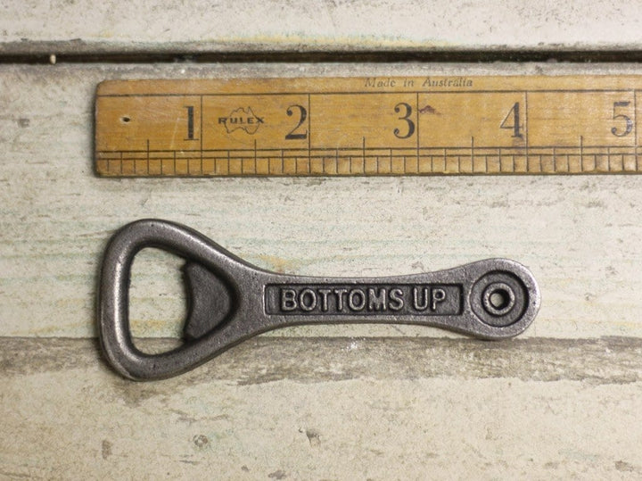 Bottle Opener Hand Held BOTTOMS UP Antique Iron 95mm (EOINDIA)