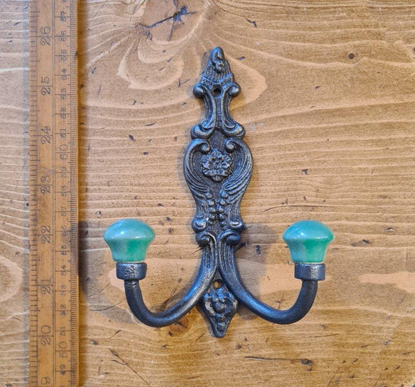 Hat Coat Hook FRENCH 2x TURQUOISE ceramic ball tops 150mm