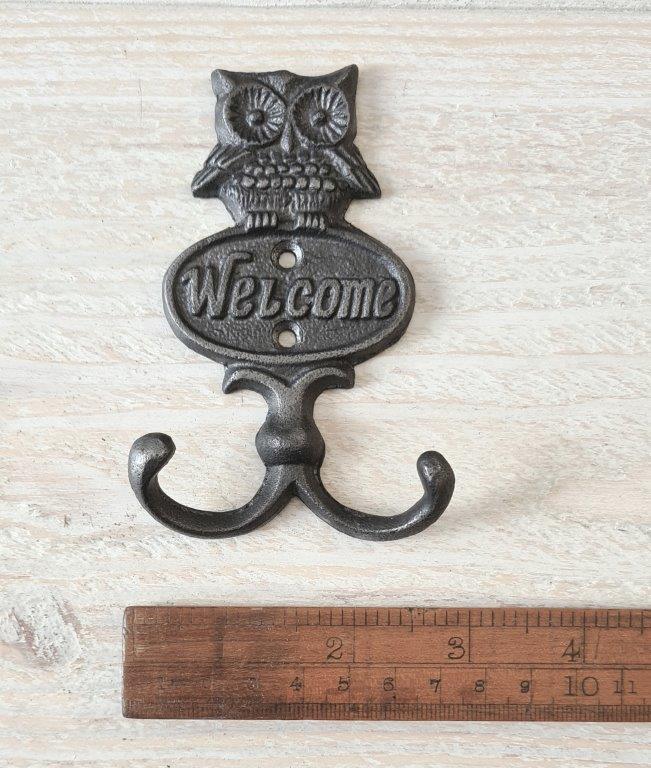 Coat Hook Double WELCOME OWL Cast Antique Iron 105mm