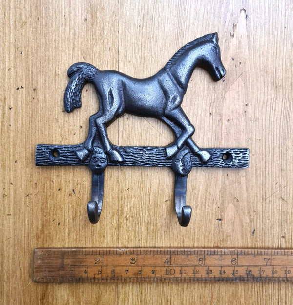 Coat Hook HORSE 2 Hooks Cast Antique Iron 160 x 140mm