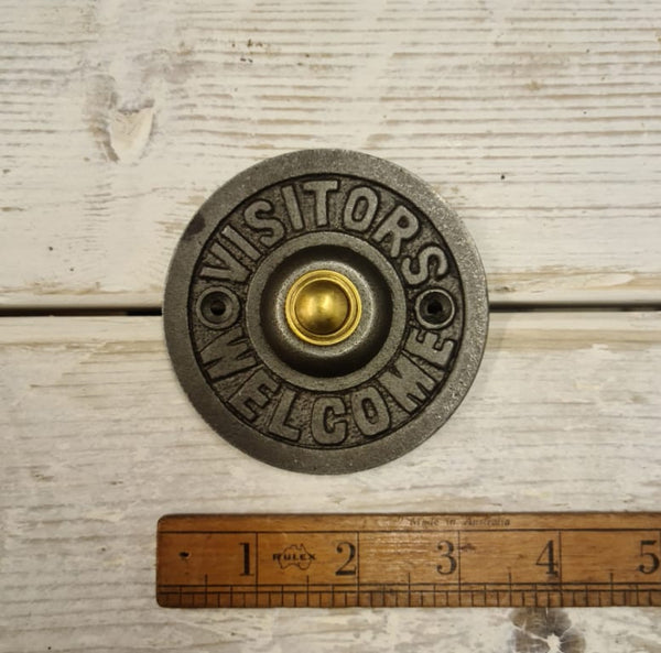 Door Bell Push VISITORS WELCOME Cast Antique Iron 80mm Diameter