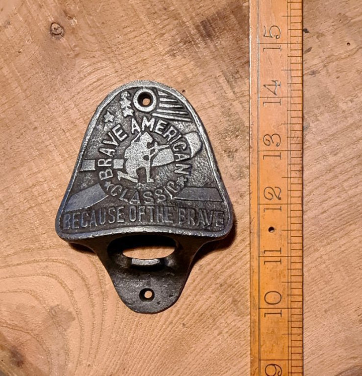 Bottle Opener Wall Mounted BRAVE AMERICAN Cast Antique Iron